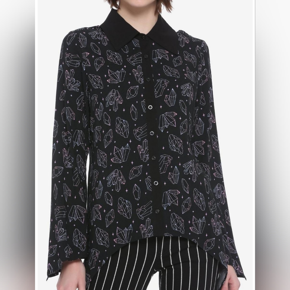 Hot Topic Pastel Crystal Shark Bite Girls Long-Sleeve Woven Button-Up Jr Large